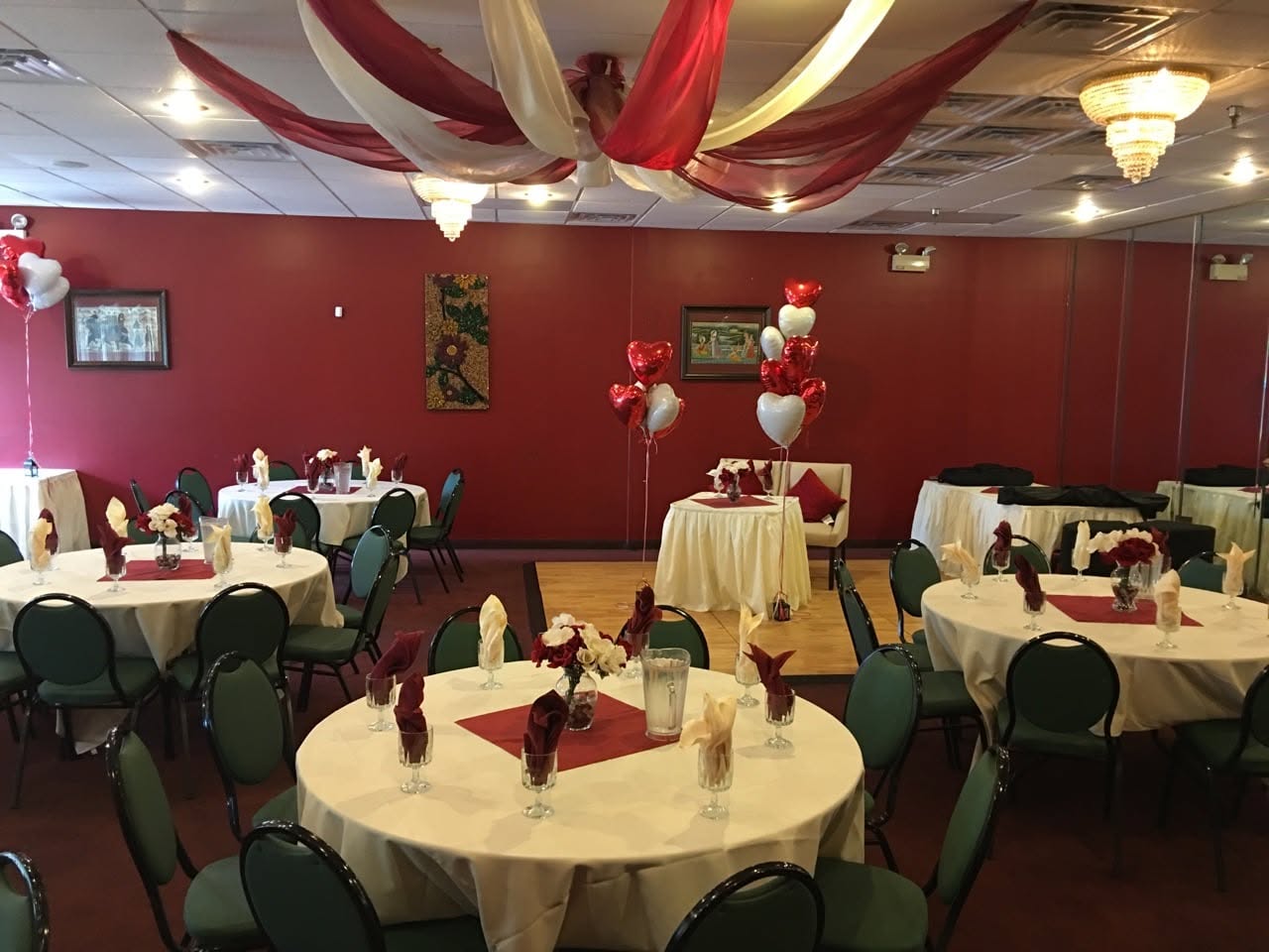 Banquet hall decorated with draping and balloons at Taste of India, Willowbrook IL